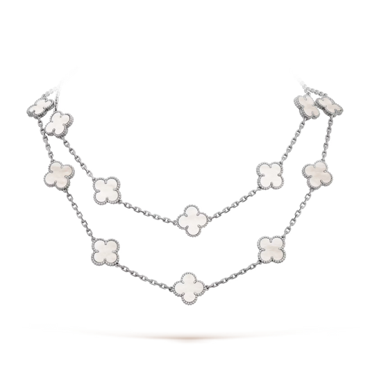 Van Cleef & Arpels, Vintage Alhambra long necklace, 20 motifs, rhodium plated 18K white gold, white mother-of-pearl.