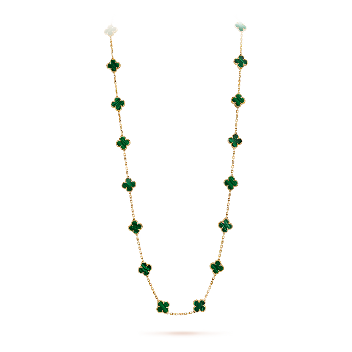 Van Cleef & Arpels, Vintage Alhambra long necklace, 20 motifs, 18K yellow gold, malachite.