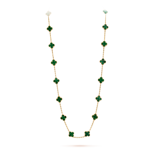 Van Cleef & Arpels, Vintage Alhambra long necklace, 20 motifs, 18K yellow gold, malachite.