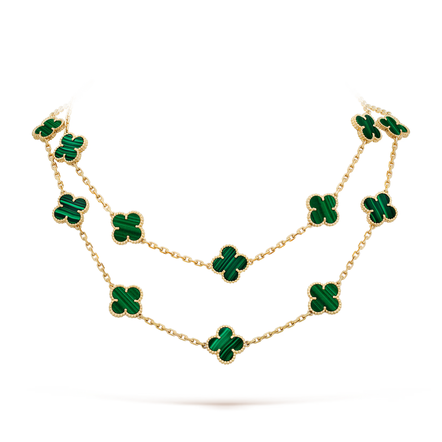 Van Cleef & Arpels, Vintage Alhambra long necklace, 20 motifs, 18K yellow gold, malachite.
