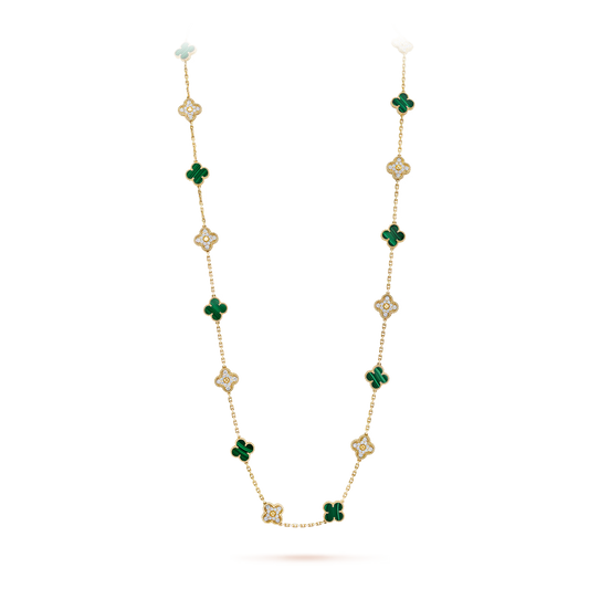 Van Cleef & Arpels, Vintage Alhambra long necklace, 20 motifs, 18K yellow gold, malachite, round diamonds