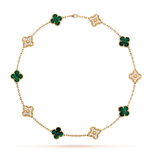 Van Cleef & Arpels, Vintage Alhambra necklace, 10 motifs, 18K yellow gold, malachite, round diamonds