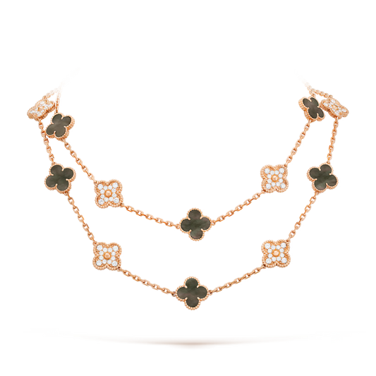 Van Cleef & Arpels, Vintage Alhambra long necklace, 20 motifs, 18K rose gold, gray mother-of-pearl, round diamonds