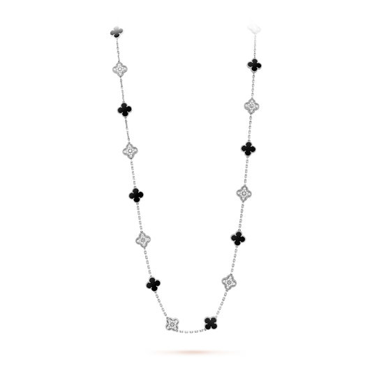 Van Cleef & Arpels, Vintage Alhambra long necklace, 20 motifs, rhodium plated 18K white gold, onyx, round diamonds