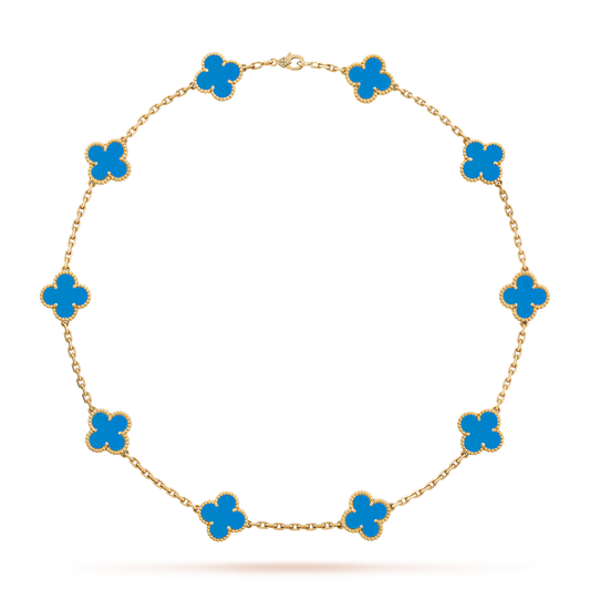 Van Cleef & Arpels, Vintage Alhambra necklace, 10 motifs, 18K yellow gold, blue agate