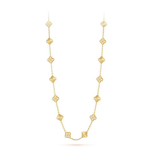 Van Cleef & Arpels, Vintage Alhambra long necklace, 20 motifs, guilloché 18K yellow gold, round diamonds