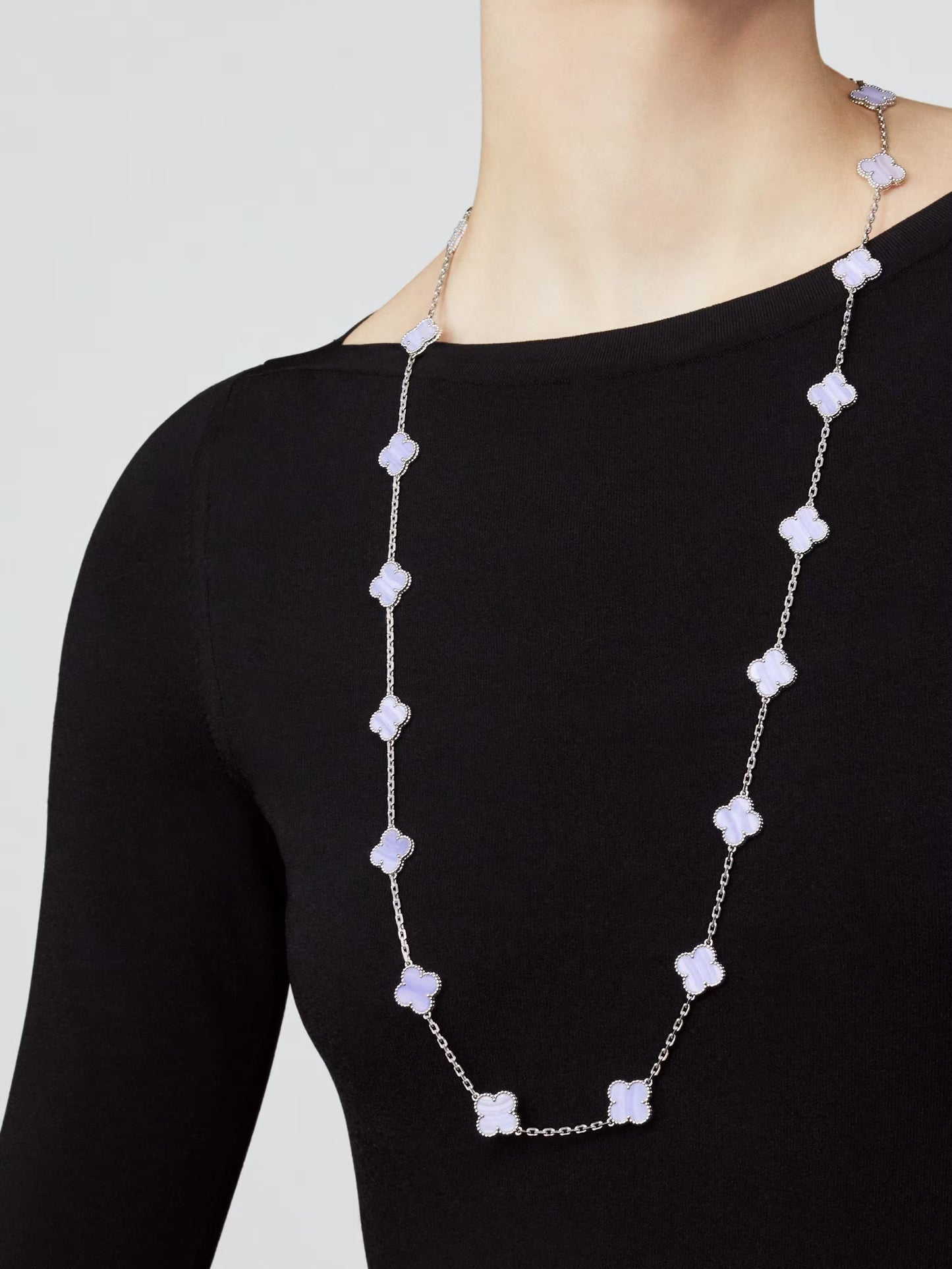 Van Cleef & Arpels, Vintage Alhambra long necklace, 20 motifs, rhodium plated 18K white gold, chalcedony