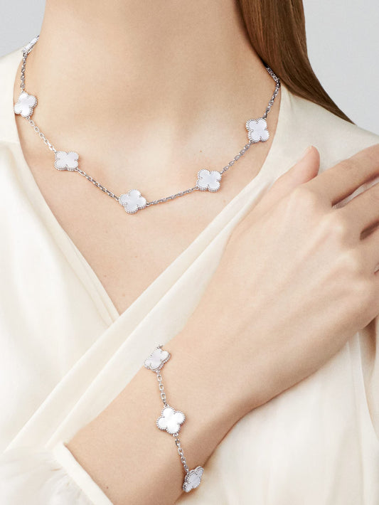 Van Cleef & Arpels, Vintage Alhambra necklace, 10 motifs, rhodium plated 18K white gold, white mother-of-pearl