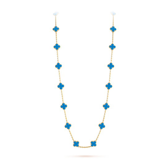 Van Cleef & Arpels, Vintage Alhambra long necklace, 20 motifs, 18K yellow gold, blue agate