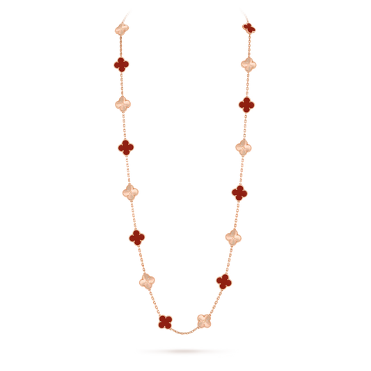 Van Cleef & Arpels, Vintage Alhambra long necklace, 20 motifs, guilloché 18K rose gold, carnelian