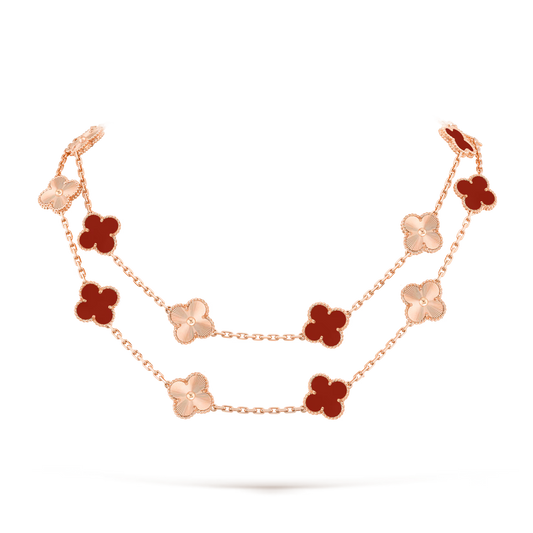 Van Cleef & Arpels, Vintage Alhambra long necklace, 20 motifs, guilloché 18K rose gold, carnelian