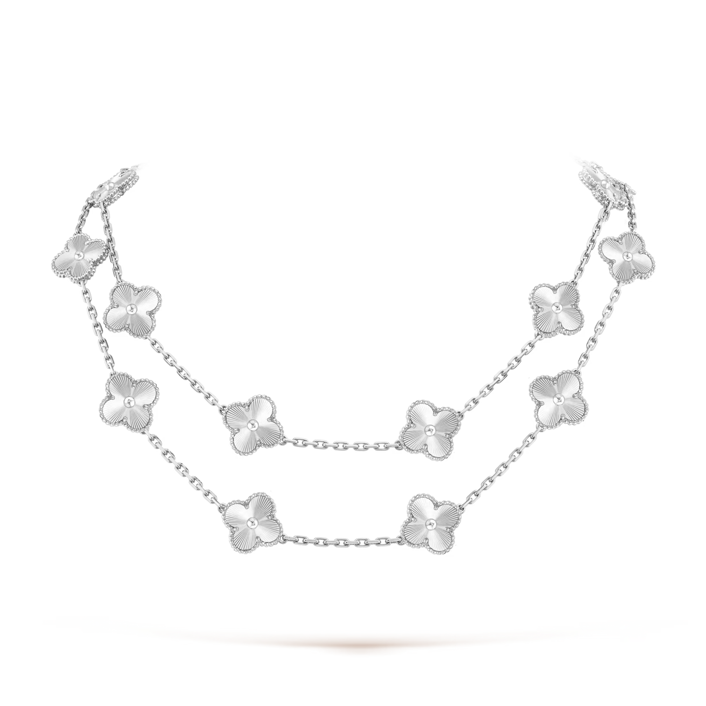Van Cleef & Arpels, Vintage Alhambra necklace, 20 motifs, guilloché rhodium plated 18K white gold.