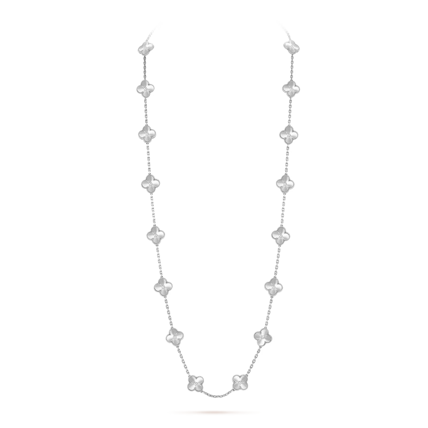 Van Cleef & Arpels, Vintage Alhambra necklace, 20 motifs, guilloché rhodium plated 18K white gold.