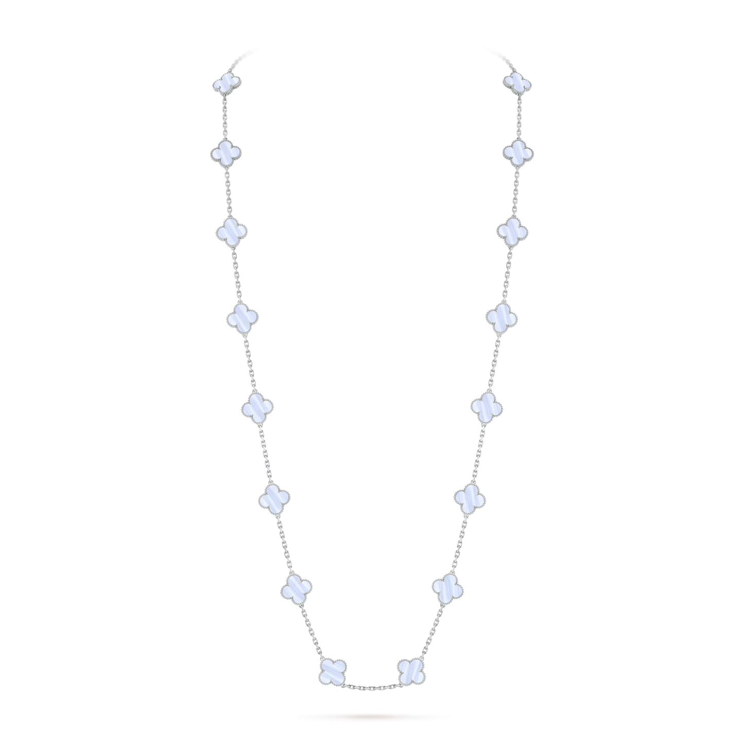 Van Cleef & Arpels, Vintage Alhambra long necklace, 20 motifs, rhodium plated 18K white gold, chalcedony