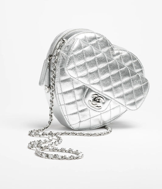 Chanel Heart Bag Metallic Lambskin & Silver Metal - Silvery