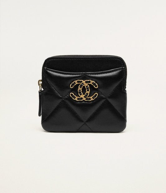 Chanel 19 Zipped Coin Purse Shiny Lambskin, Gold-Tone, Silver-Tone & Ruthenium-Finish Metal - Black