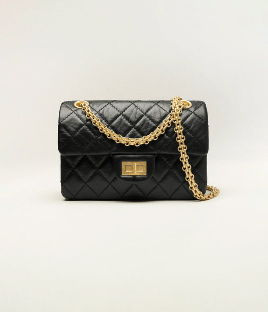 Chanel Mini 2.55 Handbag Aged Calfskin & Gold-Tone Metal Black