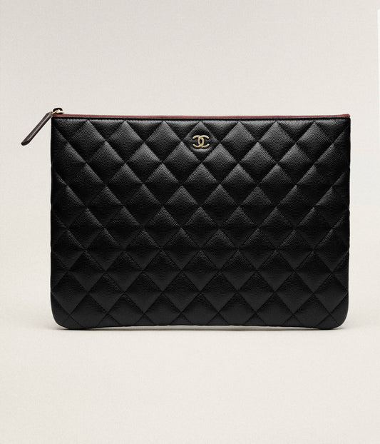 Chanel Classic Zipped Pouch Grained Shiny Calfskin & Gold-Tone Metal - Black