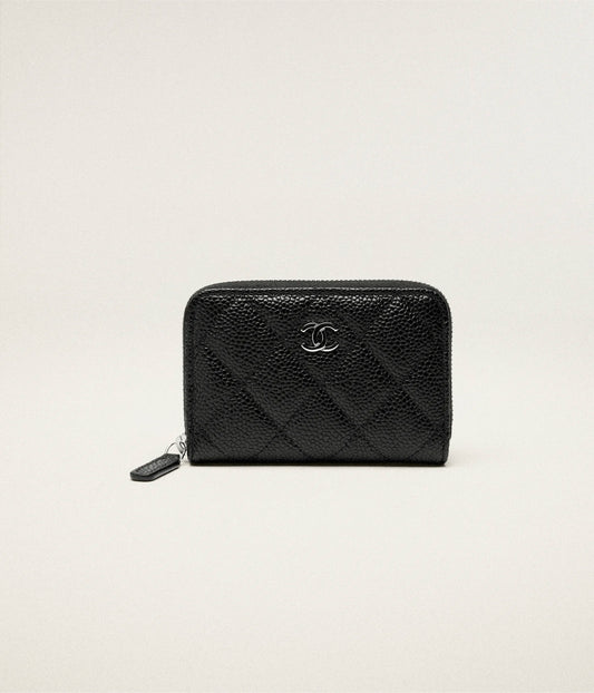 Chanel Classic Zipped Coin Purse Grained Calfskin & Silver Metal - Black