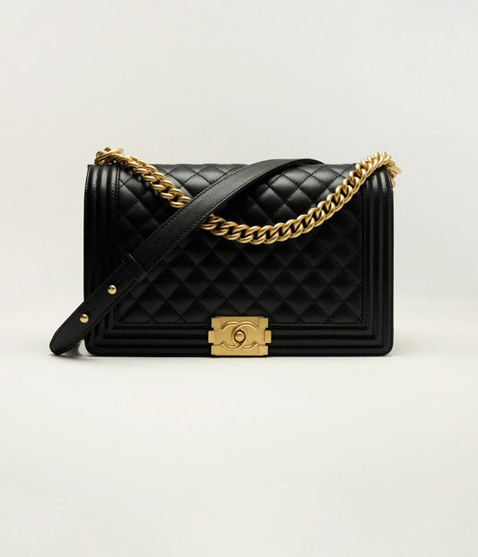 Chanel Large Boy Chanel Handbag Grained Calfskin & Gold-Tone Metal - Black