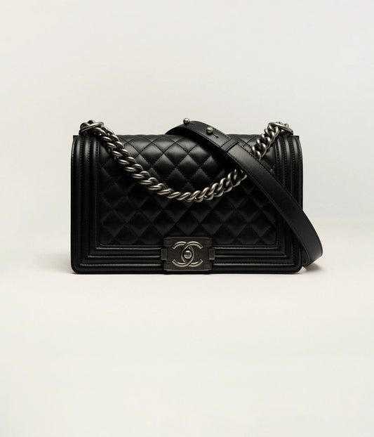 Chanel Boy Chanel Handbag Calfskin & Ruthenium-Finish Metal - Black