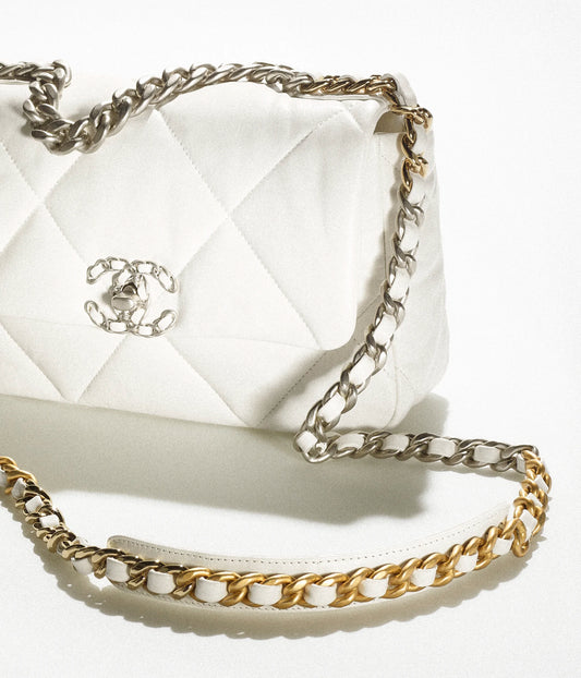Chanel 19 Handbag Shiny Lambskin, Gold-Tone, Silver-Tone & Ruthenium-Finish Metal - White