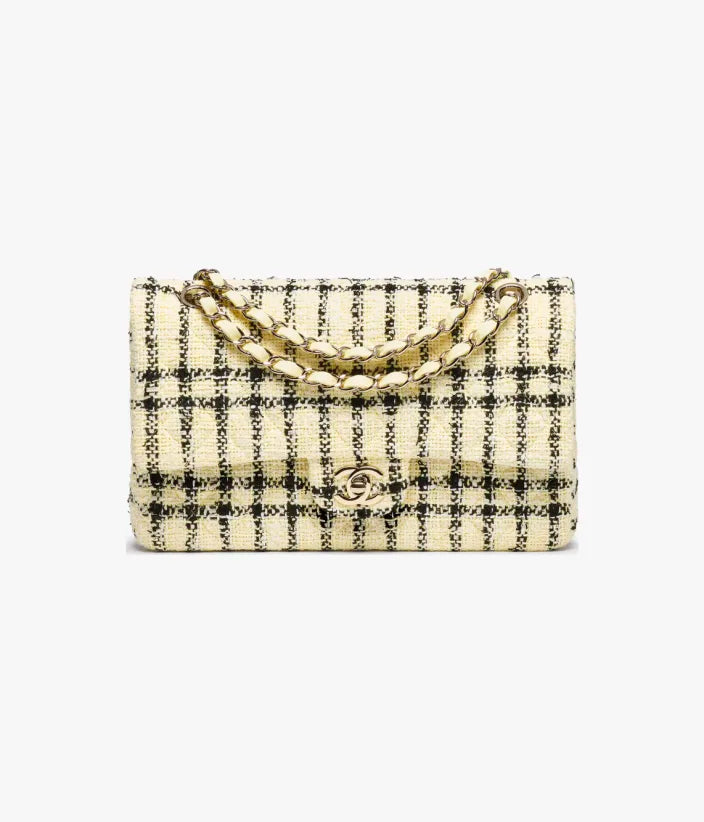 Chanel Classic 11.12 Handbag Tweed & Gold Metal Light Yellow & Black