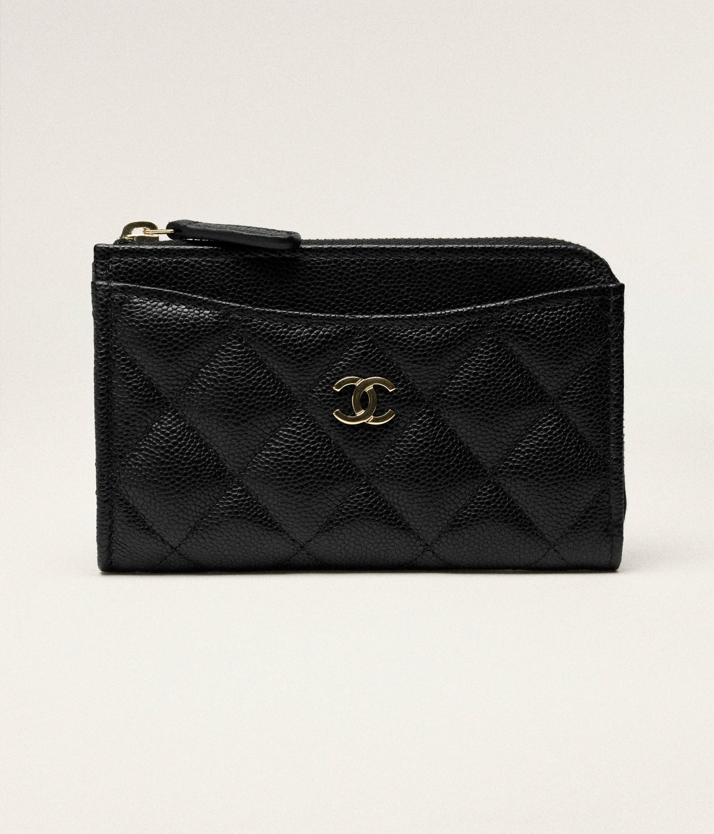 Chanel Classic Zipped Card Holder Grained Shiny Calfskin & Gold-Tone Metal - Black