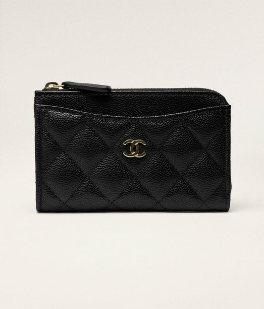 Chanel Classic Zipped Card Holder Grained Shiny Calfskin & Gold-Tone Metal - Black