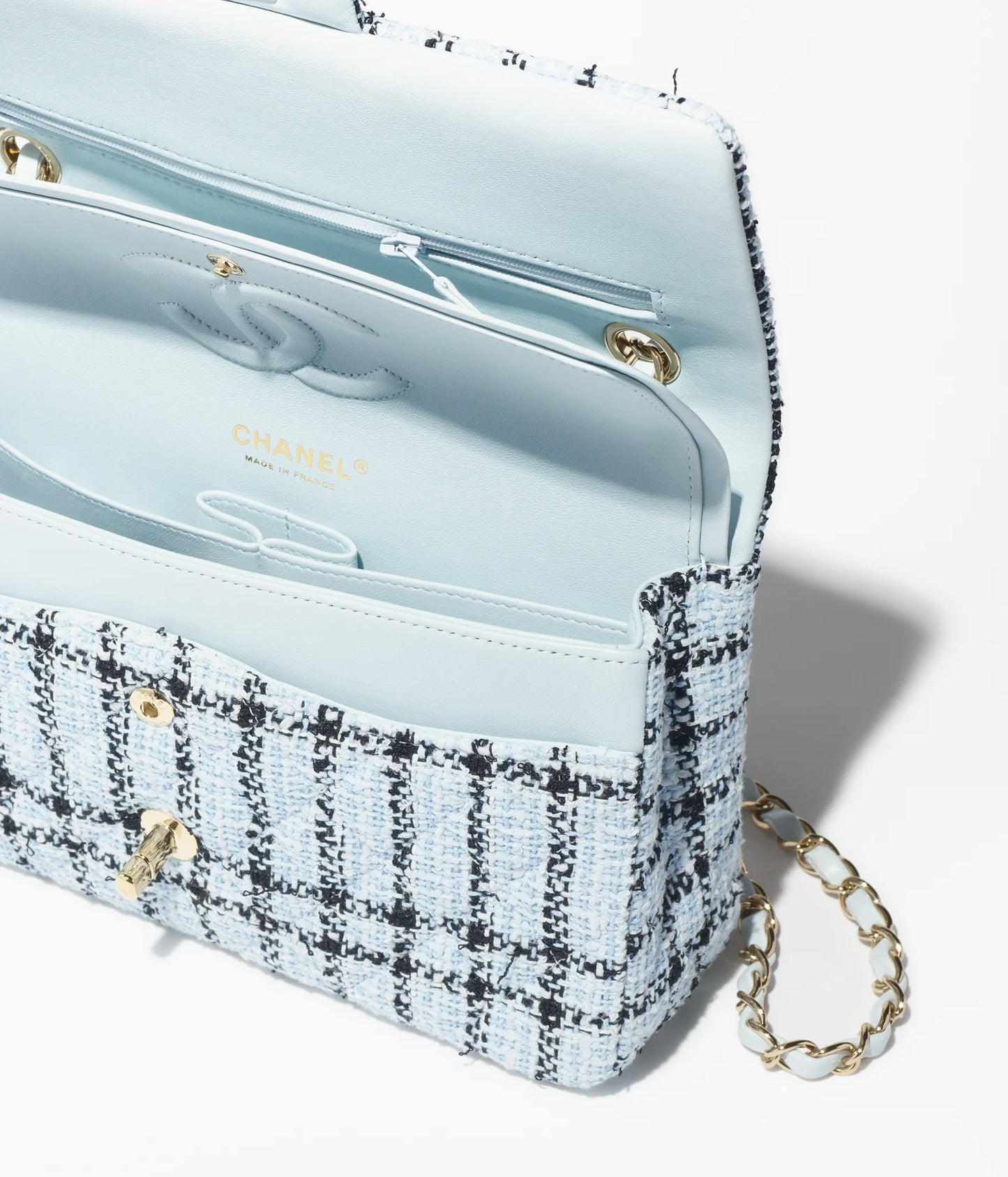 Chanel Classic 11.12 Handbag Tweed & Gold Metal Light Blue & Black