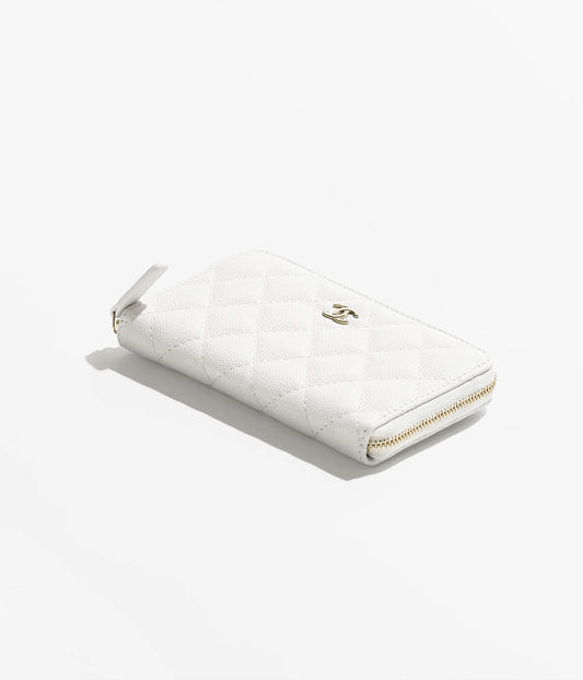 Chanel Classic Zipped Wallet Grained Shiny Calfskin & Gold-Tone Metal - White