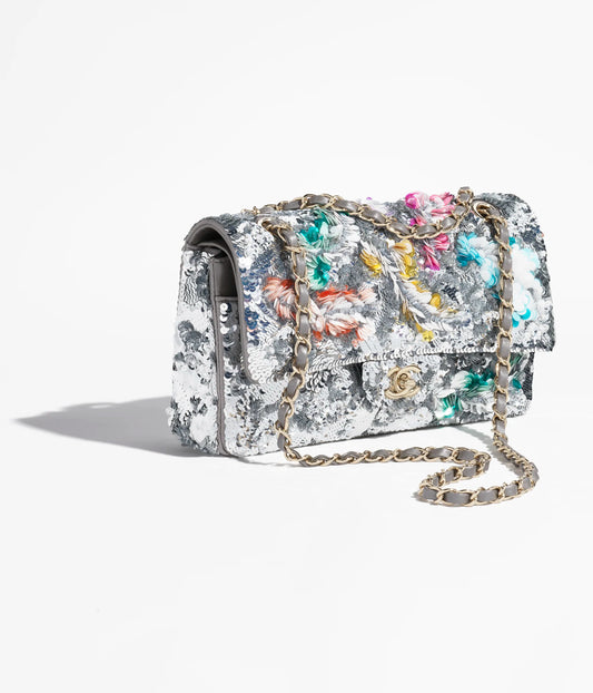 Classic 11.12 Handbag Embroidered Satin, Sequins, Glass Pearls & Silver-Tone Metal Silver & Multicolour