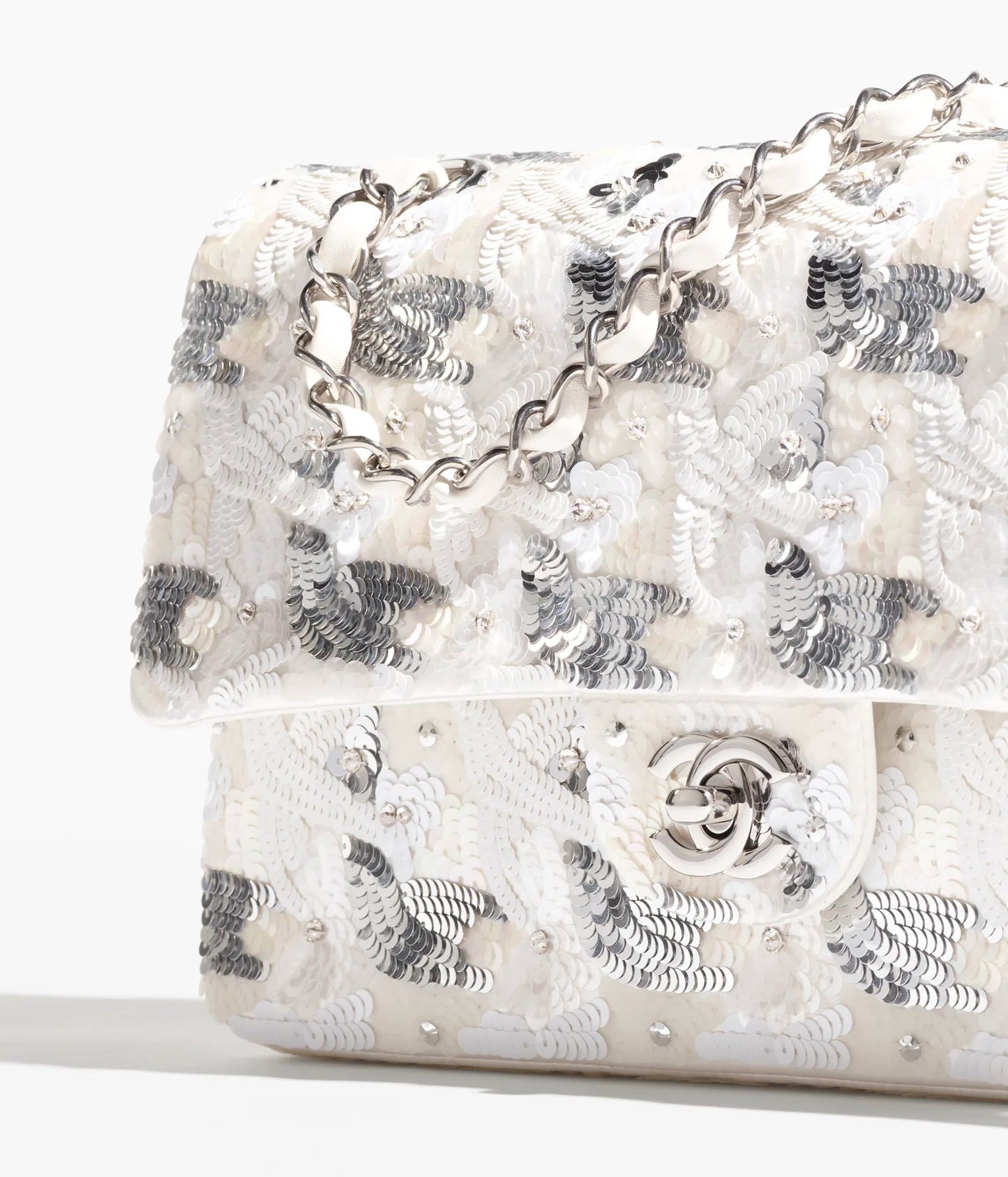 Chanel Classic 11.12 Handbag Embroidered Satin, Sequins, Glass Pearls & Silver-Tone Metal White & Silvery