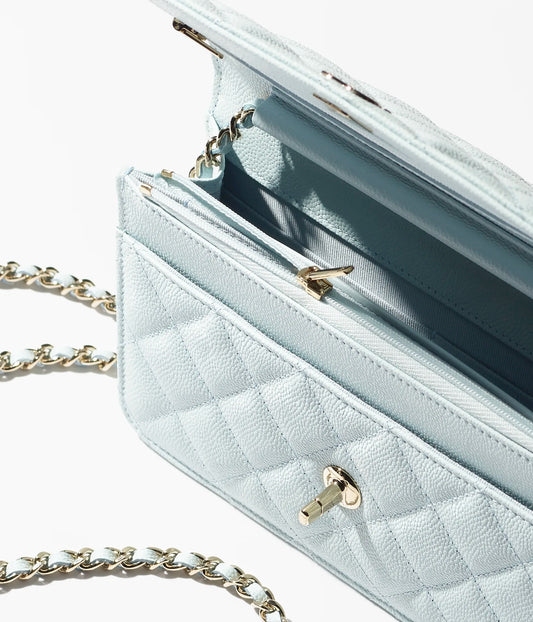 Chanel Classic Wallet On Chain Grained Shiny Calfskin & Gold-Tone Metal - Light Blue
