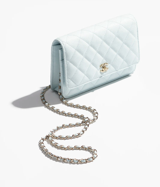 Chanel Classic Wallet On Chain Grained Shiny Calfskin & Gold-Tone Metal - Light Blue