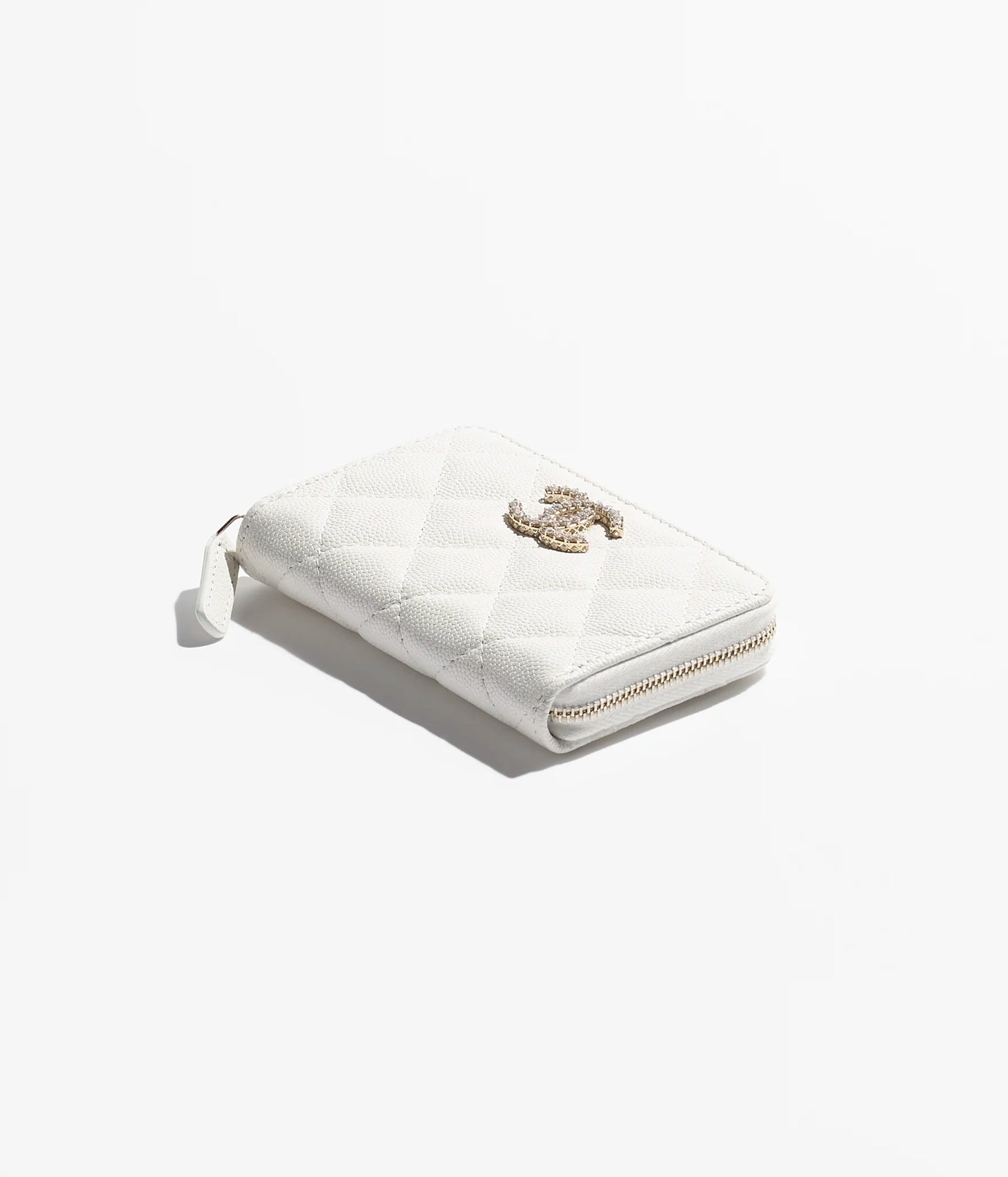 Chanel Zipped Coin Purse Shiny Grained Calfskin, Strass & Gold-Tone Metal - White