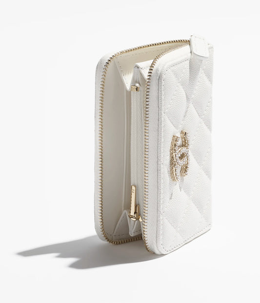 Chanel Zipped Coin Purse Shiny Grained Calfskin, Strass & Gold-Tone Metal - White