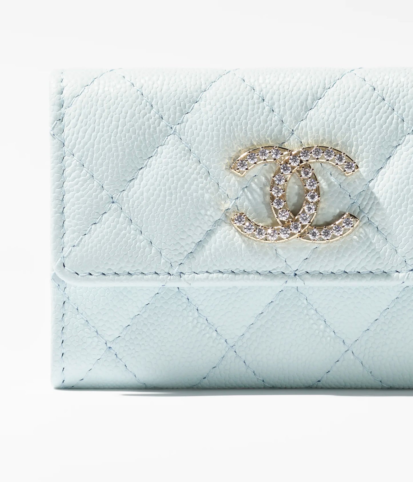 Chanel Flap Card Holder Shiny Grained Calfskin, Strass & Gold-Tone Metal - Light Blue