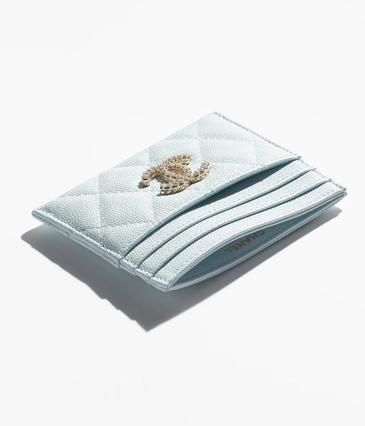 Chanel Card Holder Shiny Grained Calfskin, Strass & Gold-Tone Metal - Light Blue