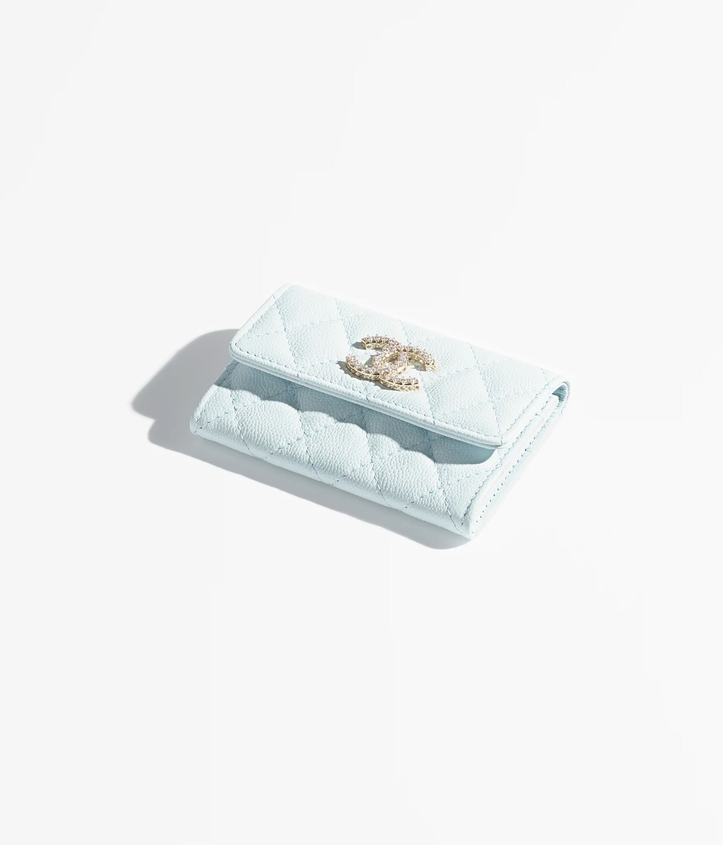 Chanel Flap Card Holder Shiny Grained Calfskin, Strass & Gold-Tone Metal - Light Blue