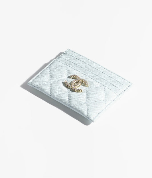 Chanel Card Holder Shiny Grained Calfskin, Strass & Gold-Tone Metal - Light Blue