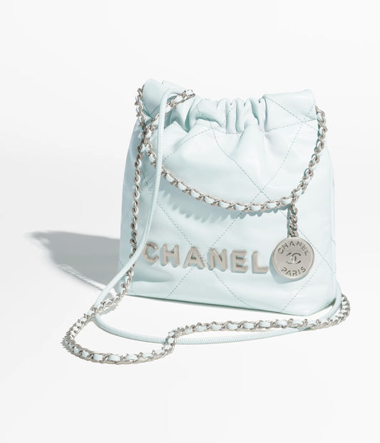 Chanel 22 Mini Handbag Shiny Calfskin & Silver-Tone Metal - Light Blue