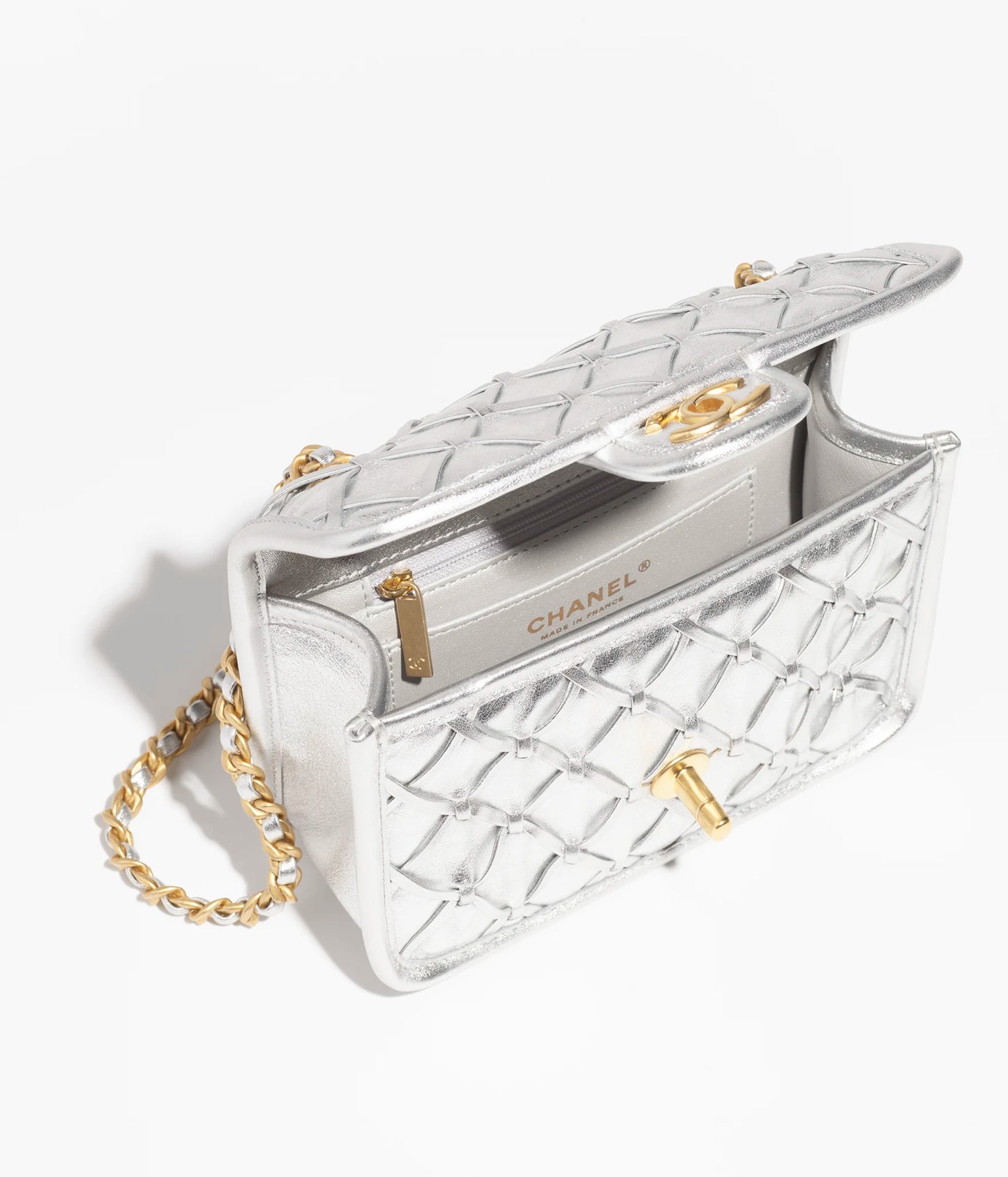 Chanel Mini Flap Bag Metallized Braided Calfskin & Gold-Tone Metal - Silvery