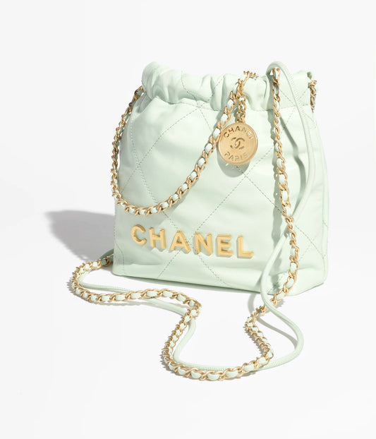 Chanel 22 Mini Handbag Shiny Calfskin & Gold-Tone Metal - Light Green