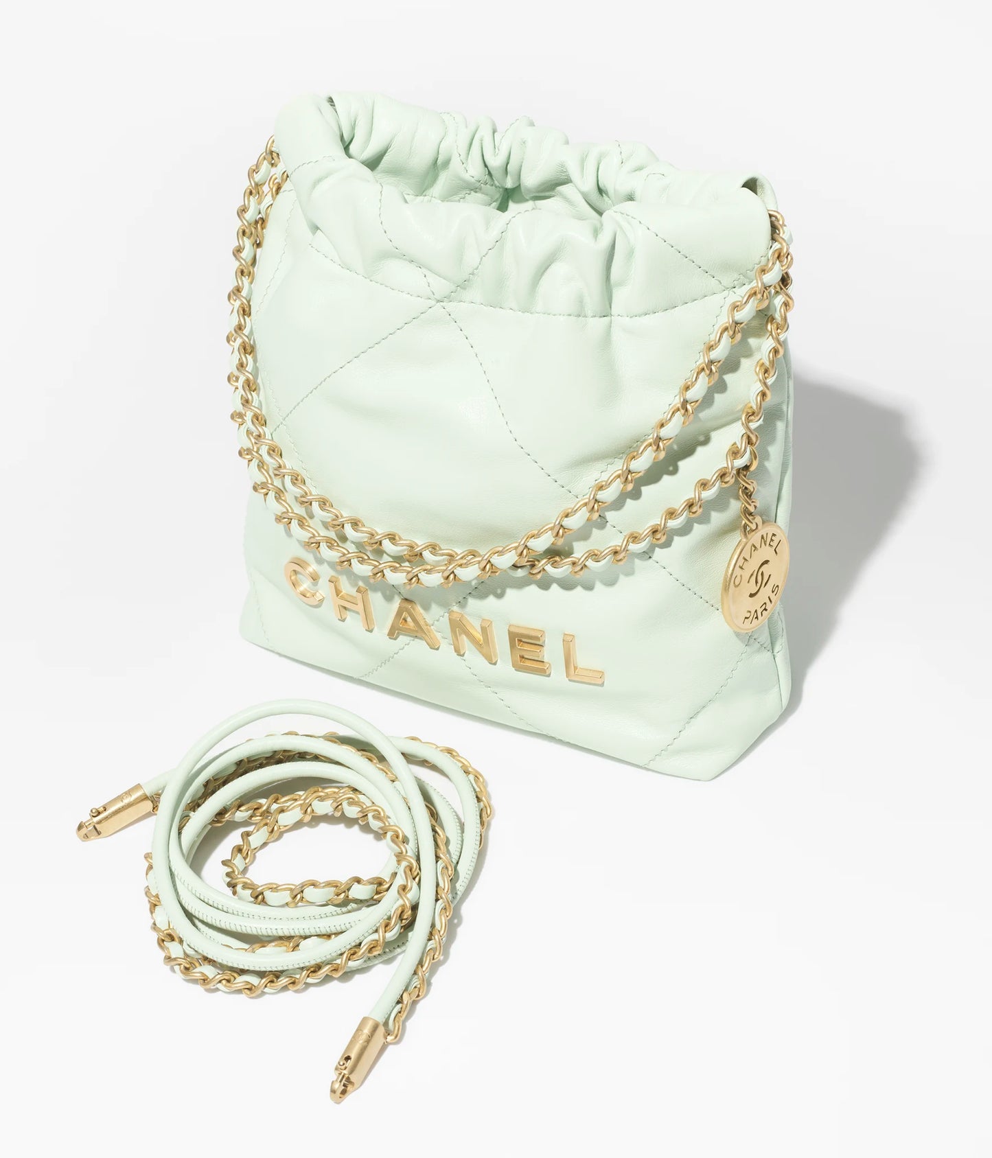 Chanel 22 Mini Handbag Shiny Calfskin & Gold-Tone Metal - Light Green