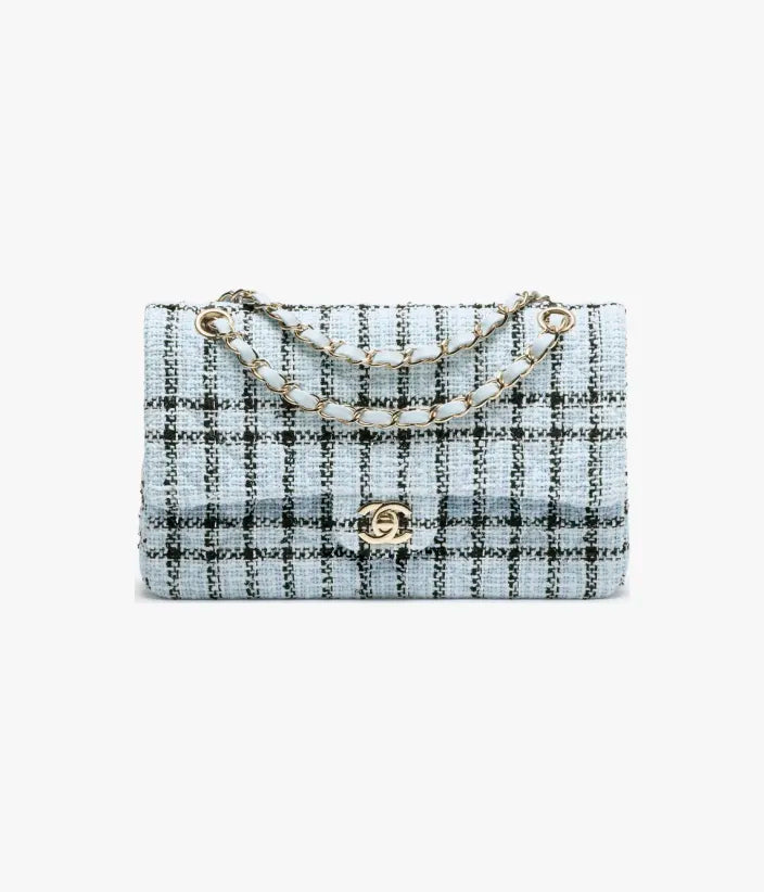 Chanel Classic 11.12 Handbag Tweed & Gold Metal Light Blue & Black