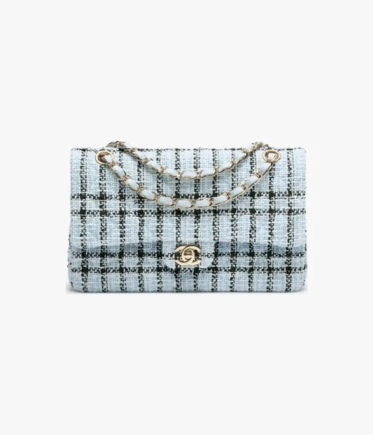 Chanel Classic 11.12 Handbag Tweed & Gold Metal Light Blue & Black