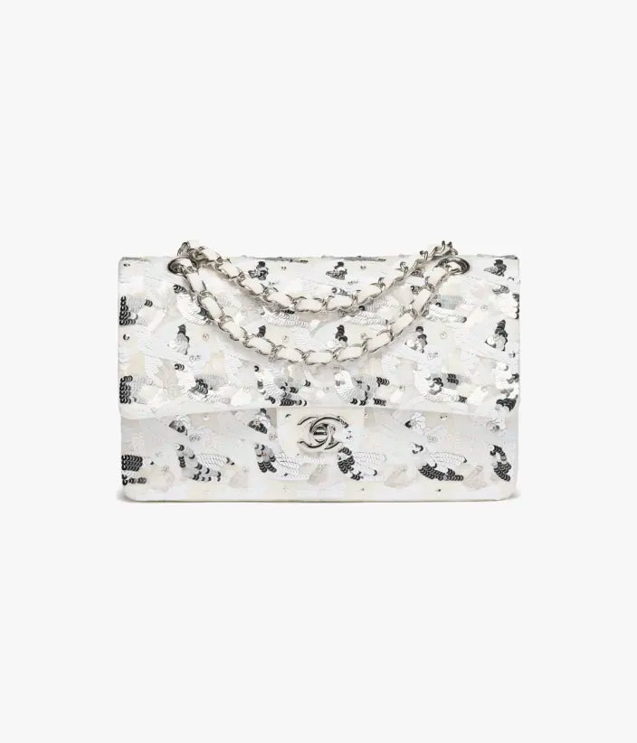 Chanel Classic 11.12 Handbag Embroidered Satin, Sequins, Glass Pearls & Silver-Tone Metal White & Silvery