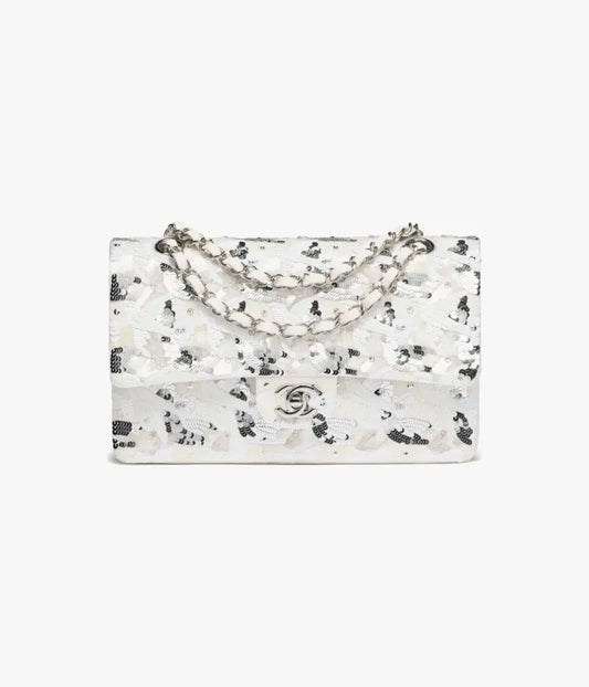 Chanel Classic 11.12 Handbag Embroidered Satin, Sequins, Glass Pearls & Silver-Tone Metal White & Silvery