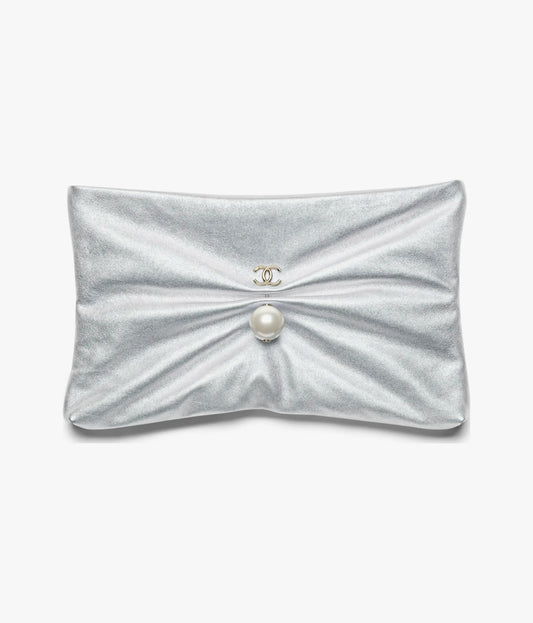 Chanel Large Clutch Metallic Lambskin, Imitation Pearl & Gold-Tone Metal - Silver